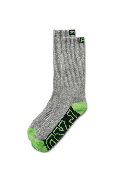 two grey long socks with green and black footbeds