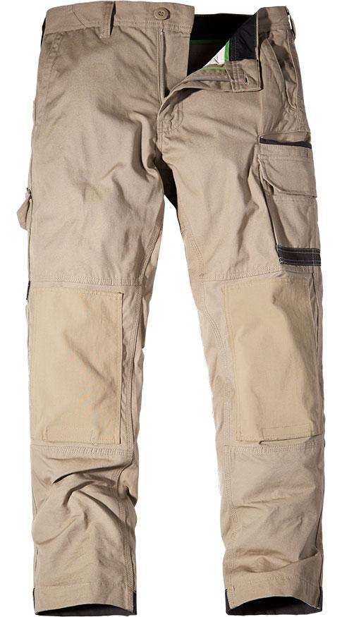 khaki work pants with light brown knee patches and cargo pockets