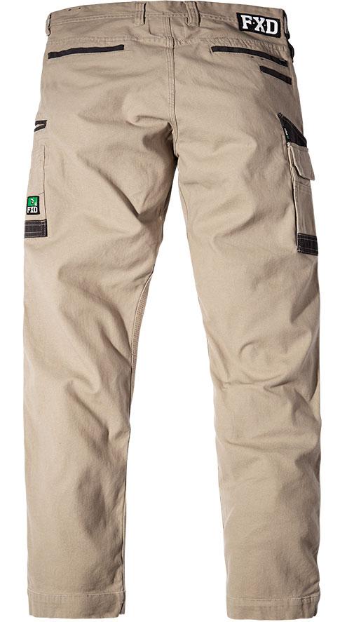 back of light khaki work pants with cargo pockets