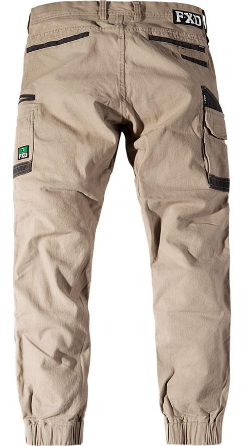 back of cuffed khaki work pants with cargo pockets