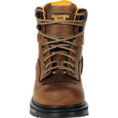 front of brown work boot with brown laces and kiltie