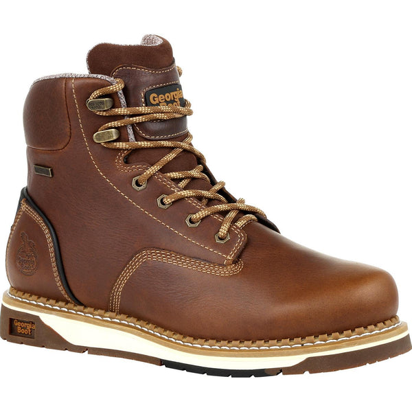 dark brown boot with brown and light brown laces, white outsole, and light brown stiching