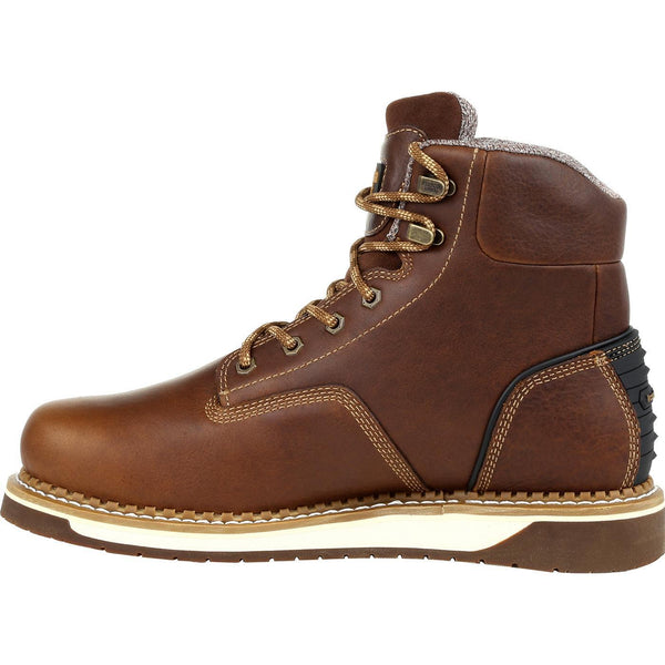 side of dark brown boot with brown and light brown laces, white outsole, and light brown stiching