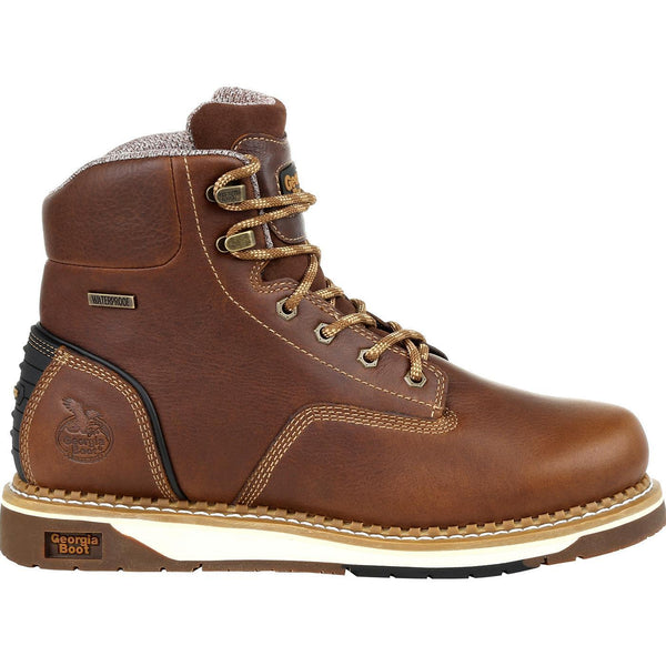 alternate side of dark brown boot with brown and light brown laces, white outsole, and light brown stitching