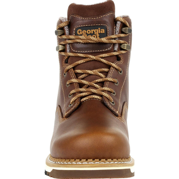 front of dark brown boot with brown and light brown laces, white outsole, and light brown stitching