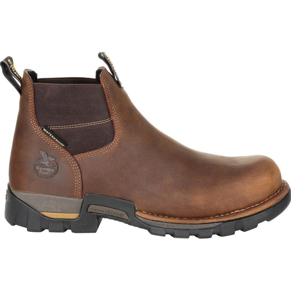 alternate side of mid-top pull on brown work boot with round toe
