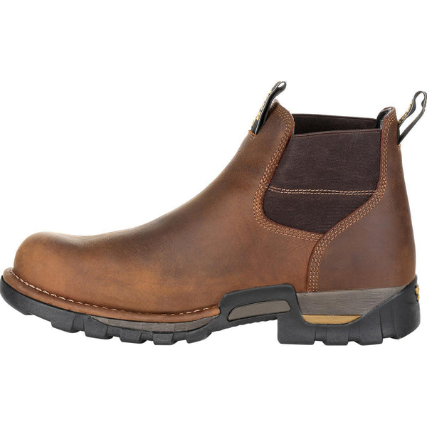 side of mid-top pull on brown work boot with round toe