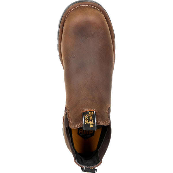 top of mid-top pull on brown work boot with round toe