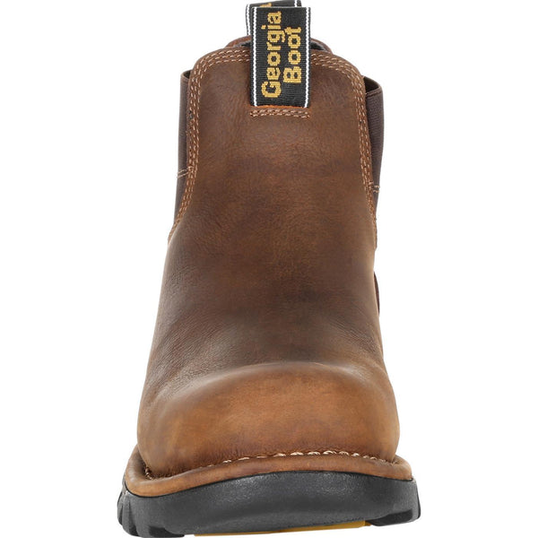 front of mid-top pull on brown work boot with round toe