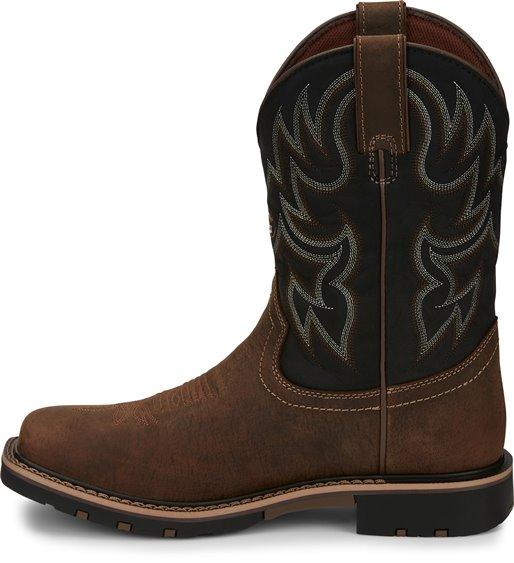 alternate side of cowboy boot with black shaft, brown vamp, and white embroidery 