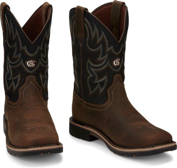 cowboy boot with black shaft, brown vamp, and white embroidery 
