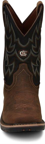 front of cowboy boot with black shaft, brown vamp, and white embroidery 