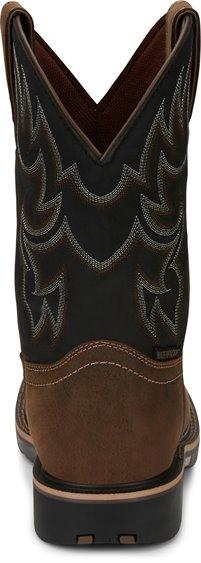 back of cowboy boot with black shaft, brown vamp, and white embroidery 