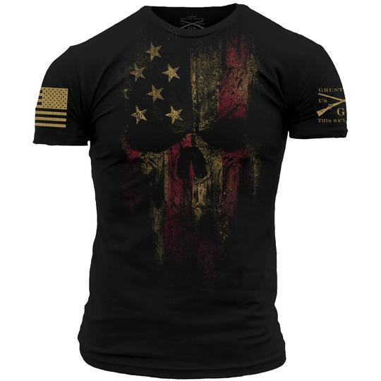 black shirt with american flag distressed skull on front