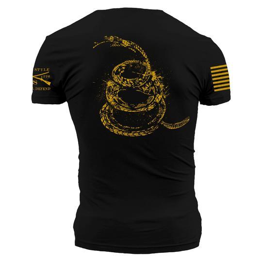 black shirt with yellow rattle snake illustration 
