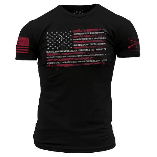 black shirt with distressed american flag on front