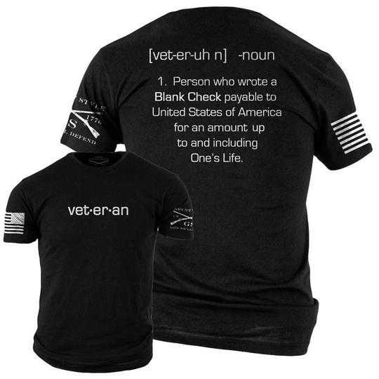 front of shirt with veteran, one sleeve with american flag, other sleeve with grunt style logo, back of shirt with veteran definition