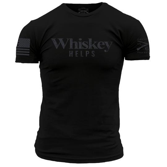black shirt with words "whiskey helps" in grey lettering