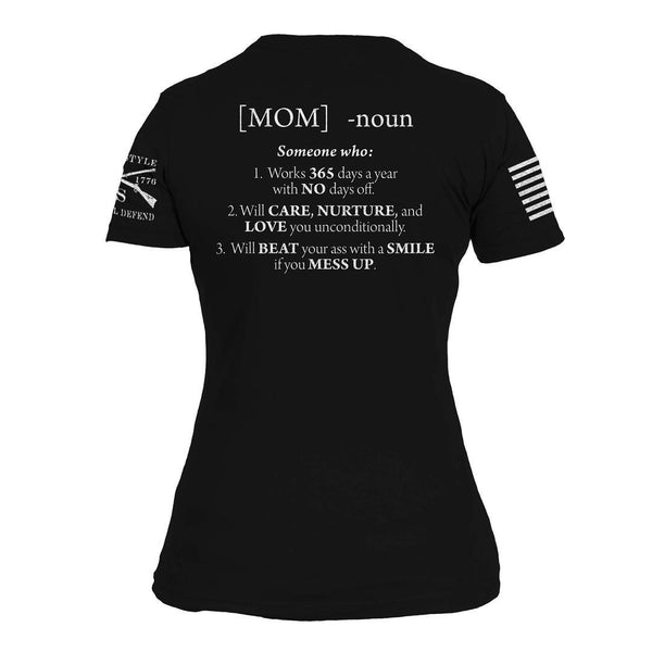 back of black shirt with fictional definition of Mom. See product description 
