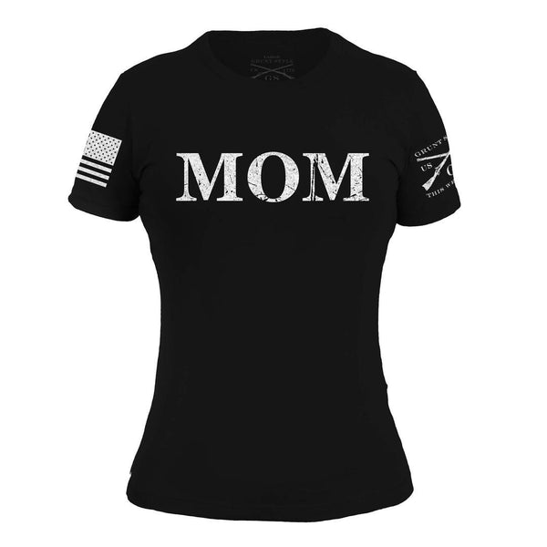 black shirt with word "mom" in large serif letters
