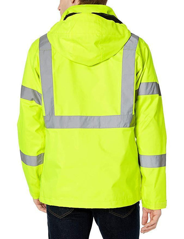 back of man wearing yellow jacket with black abdomen and with silver reflective lines 