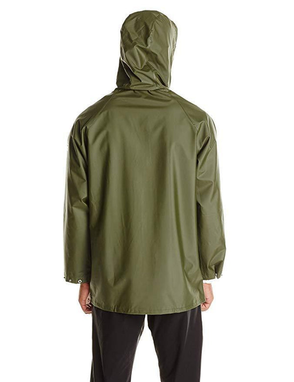 back of man wearing green waterproof jacket with hood