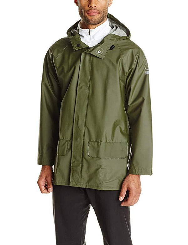man wearing green waterproof jacket with hood