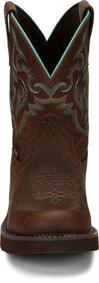 front of brown cowgirl boots with blue and brown embroidery 
