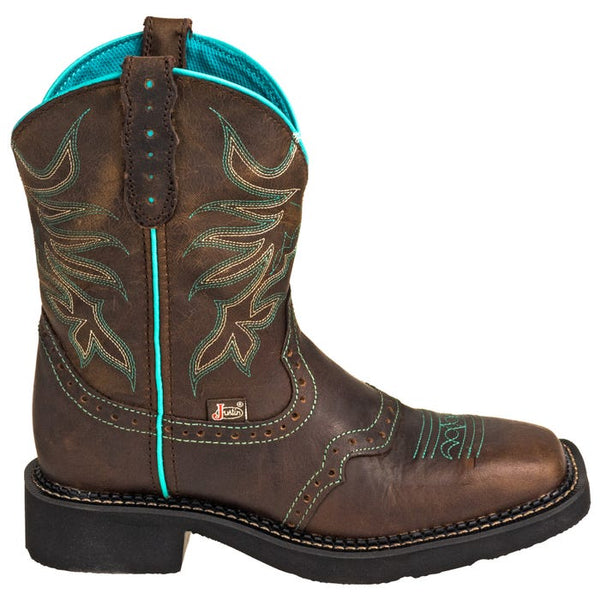 side of brown  cowgirl boot with turquoise line down side, embroidery,  and inside boot with square toe