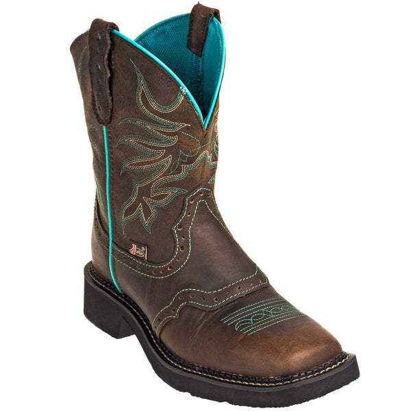 brown  cowgirl boot with turquoise line down side, embroidery,  and inside boot with square toe
