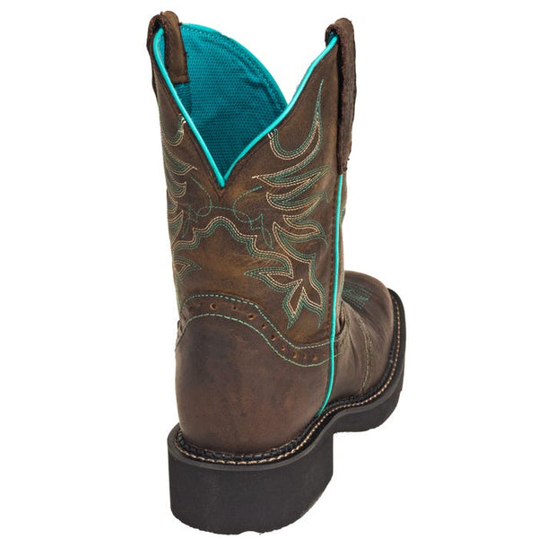 back of brown  cowgirl boot with turquoise line down side, embroidery,  and inside boot with square toe