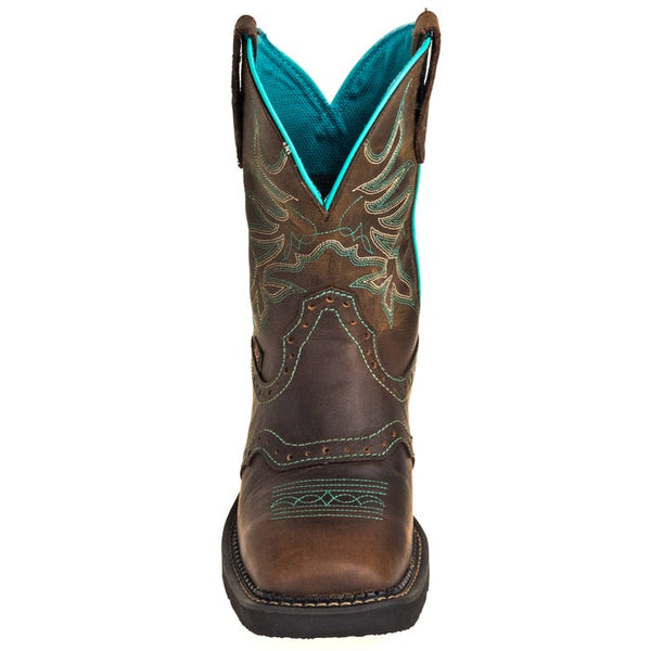 front of brown  cowgirl boot with turquoise line down side, embroidery,  and inside boot with square toe
