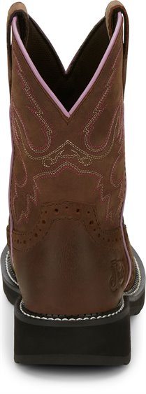 back view of brown traditional cowgirl boot with pink and white stitching accents