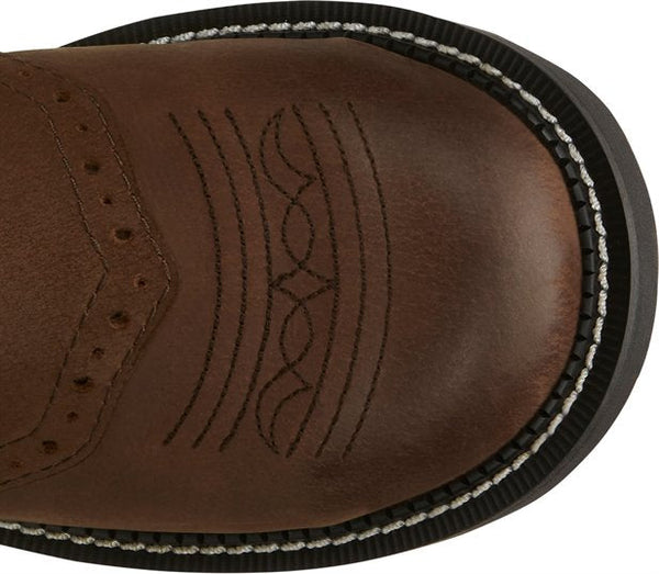 Round toe view of brown cowgirl boot, brown and white stitching