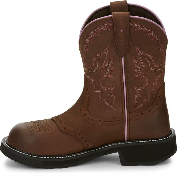 left side view of brown traditional round toe cowgirl boot with pink and white stitching accents