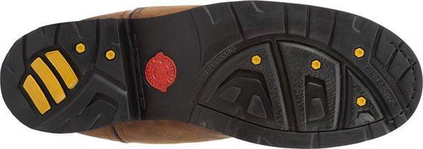 black sole with yellow accents and red logo in center 