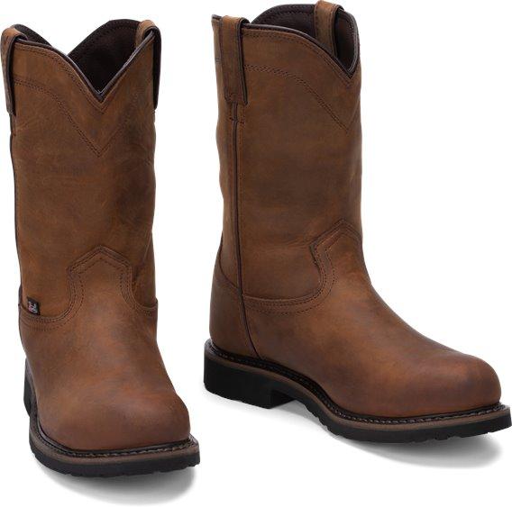 brown high top pull on boots with black sole