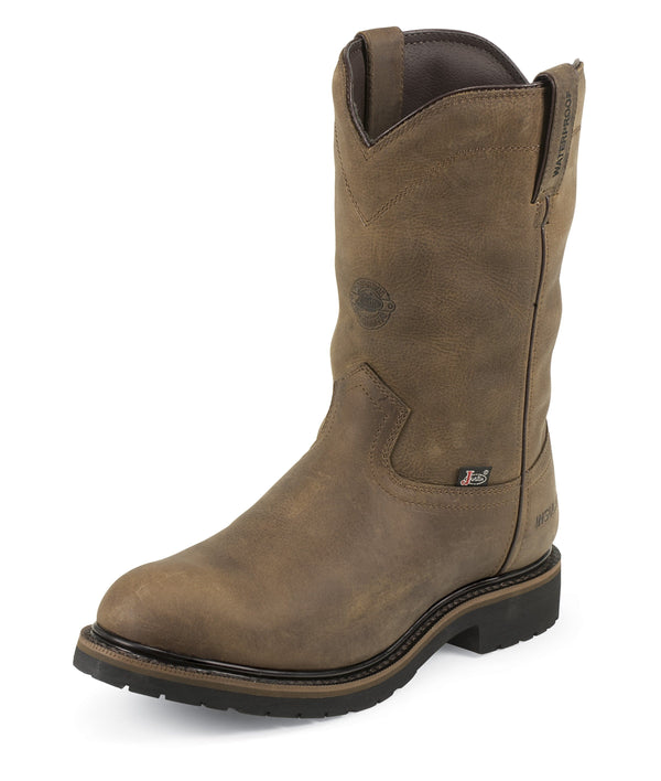 angled view of hightop pull on dusty brown work boot with black sole
