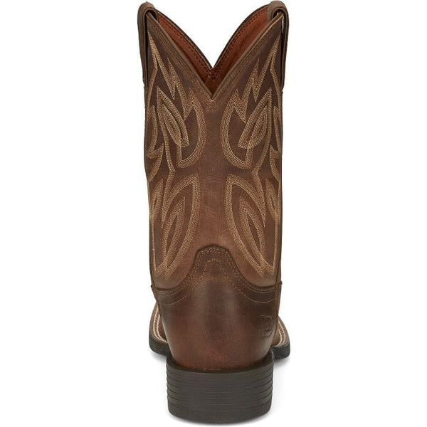 back view of men's tall dark brown pull-on western boot with light stitching and black heel.