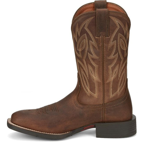 left side view of men's tall dark brown pull-on western boot with light stitching and square toe.