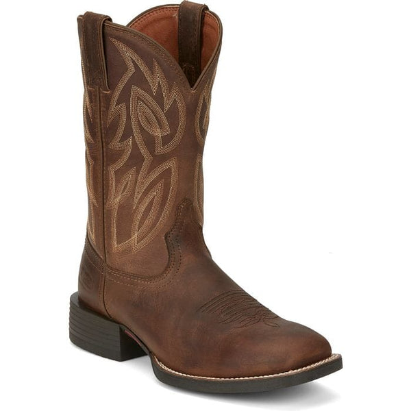 right angled view of men's tall dark brown pull-on western boot with light stitching and square toe.