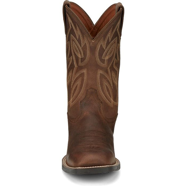 front view of men's tall dark brown pull-on western boot with light stitching and square toe.