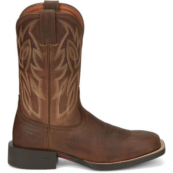 right side view of men's tall dark brown pull-on western boot with light stitching and square toe.