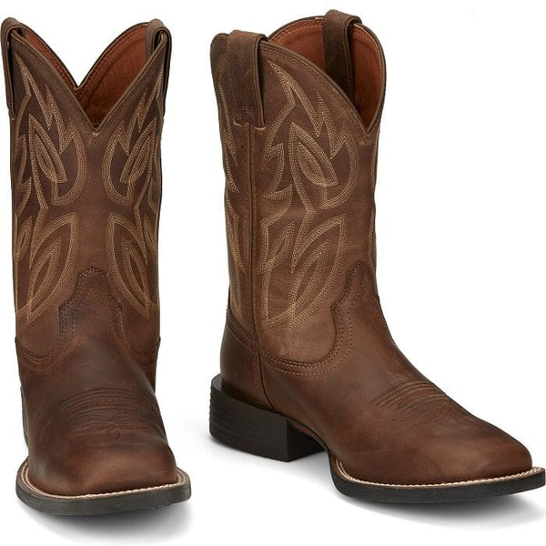 pair of men's tall dark brown pull-on western boots with light stitching and square toe.