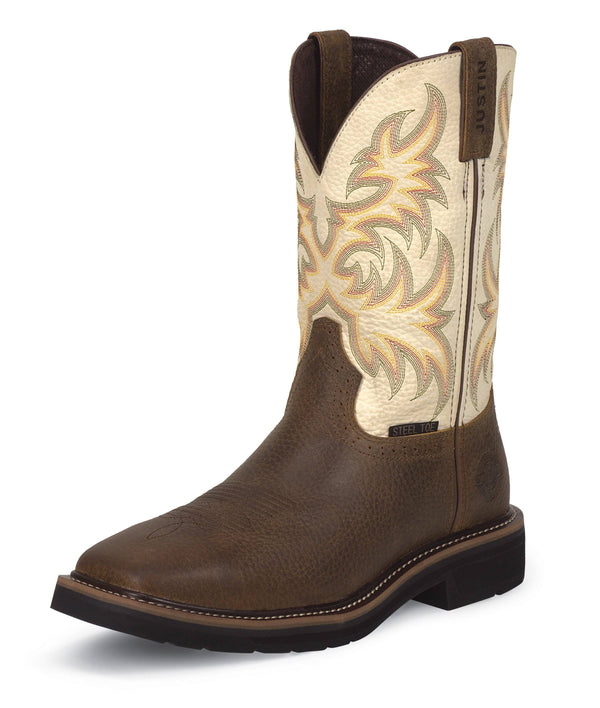 angled view of cowboy boot with white shaft with orange and black embroidery and brown vamp