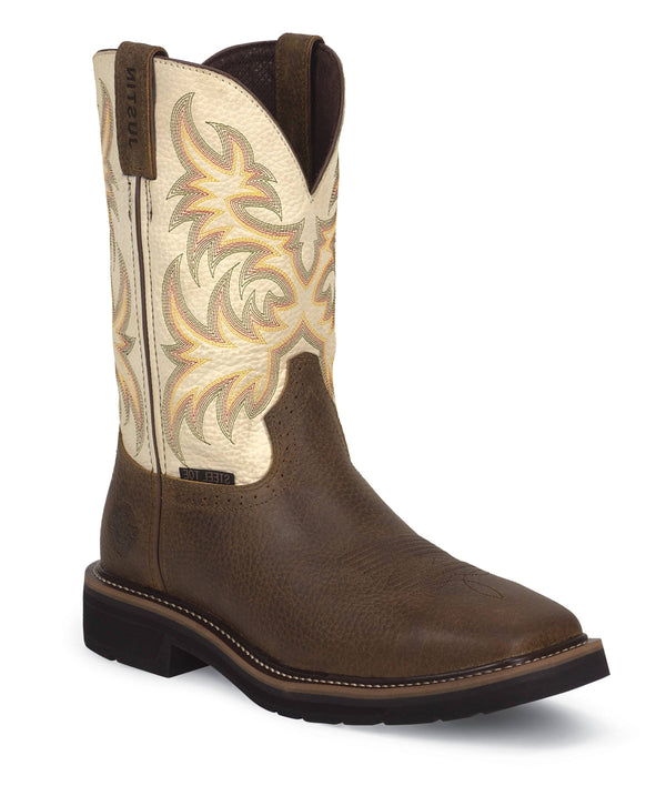 cowboy boot with white shaft with orange and black embroidery and brown vamp