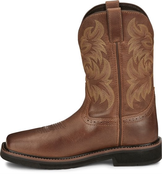 alternate side of brown cowboy boot with light brown embroidery and black sole