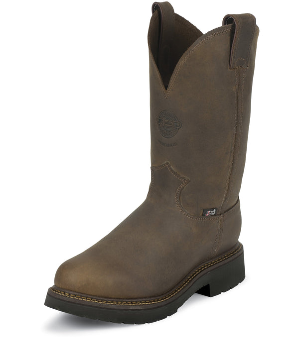angled view of dark brown high top pull on work boot with black sole