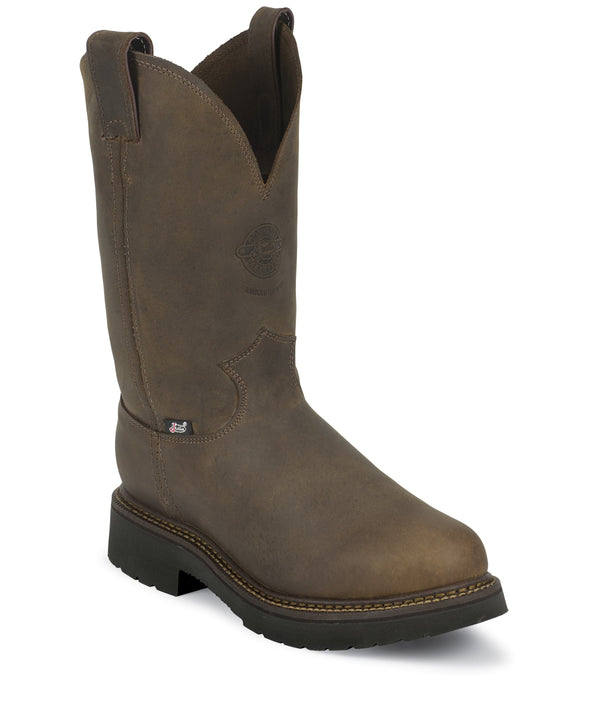 dark brown high top pull on work boot with black sole