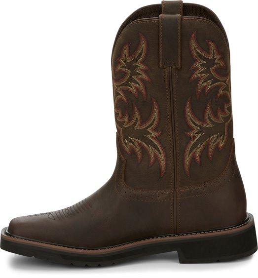 alternate side of dark brown cowboy boot with red and light brown embroidery